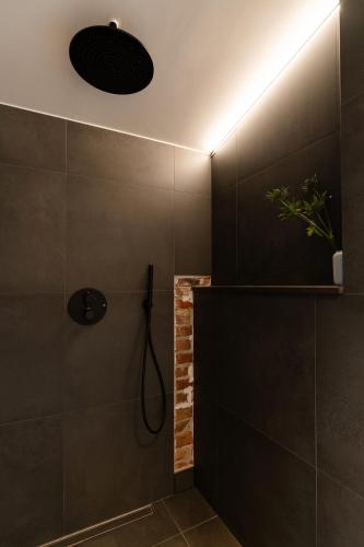 a bathroom with a shower with a light on the ceiling at Jannseni Residents in Pärnu