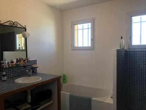 ein Badezimmer mit Waschbecken, Badewanne und Spiegel in der Unterkunft Villa climatisée avec grande piscine in Le Pouget
