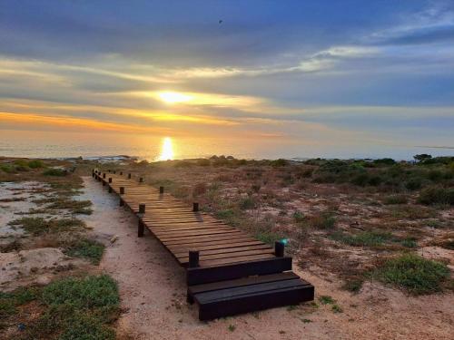 a row of wooden benches on the beach at sunset at West Coast Rock in St Helena Bay