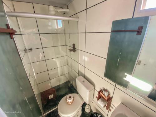 a small bathroom with a toilet and a mirror at Casa Borba Chalé panorâmico in Alto Paraíso de Goiás