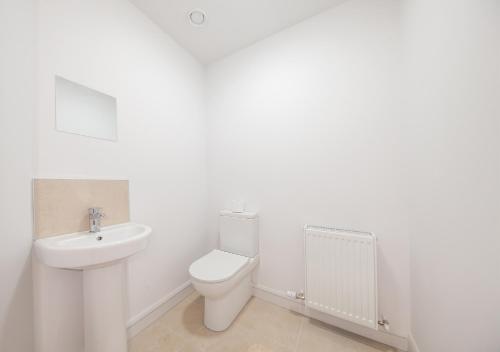 a white bathroom with a toilet and a sink at Modern 2 bed house in Hollystown with free parking in Dublin
