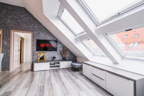 a attic living room with skylights and a tv at Luxury City Loft Modern and Elegant in Bratislava