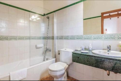 a bathroom with a toilet and a sink and a shower at Villa Viola Bosch Menorca in Cala'n Bosch