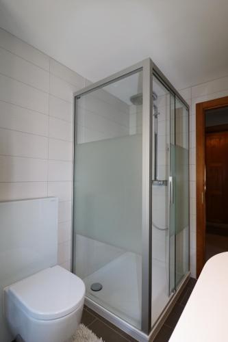 a bathroom with a glass shower and a toilet at Appartement Veisivis 74 - Tout confort avec piscine in La Forclaz