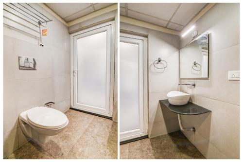 two pictures of a bathroom with a toilet and a sink at Hotel O The Nest By Mint in Siliguri