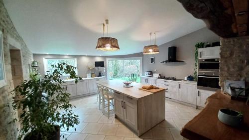a large kitchen with white cabinets and a large island at Gîte familial Marais Poitevin Les glycines in Saint-Sigismond