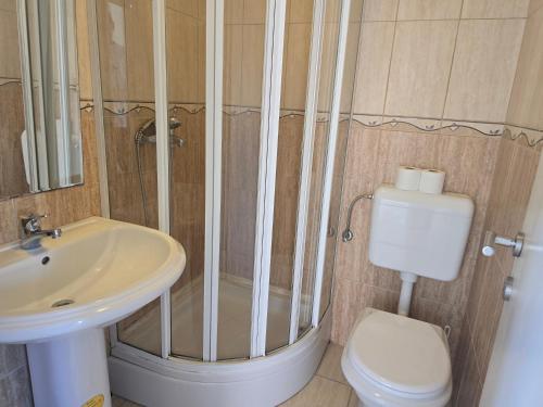 a bathroom with a shower and a toilet and a sink at Apartment Damir - Novalja in Novalja