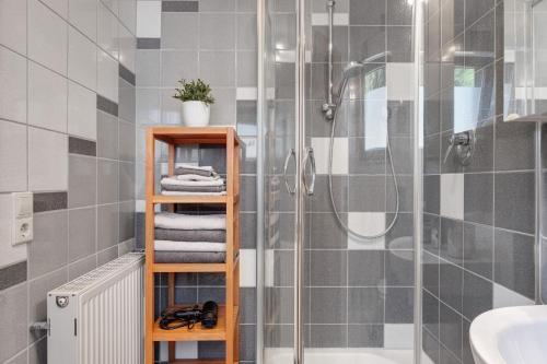 a bathroom with a shower and a shelf with towels at Ferienwohnung Landliebe in Niederbach