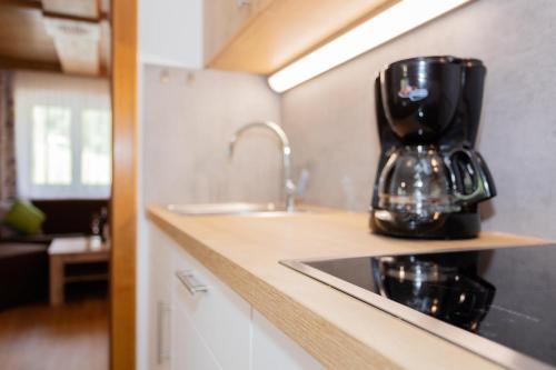 a kitchen with a sink and a blender on a counter at Rainberghof***, Appartements in Rauris