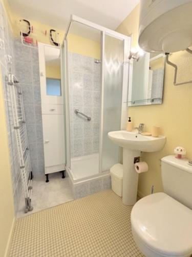 une salle de bain avec une douche, des toilettes et un lavabo dans l'établissement Agréable appartement vue sur la mer pour deux personnes 4PALMB514, au Barcarès