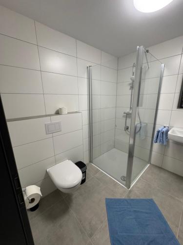 a white bathroom with a shower and a toilet at AN-Living Apartments in Emsbüren