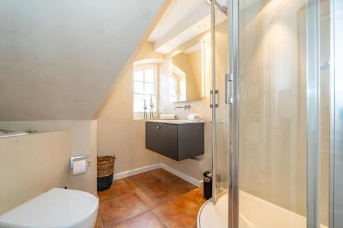 a bathroom with a shower and a toilet and a sink at Strandpirat in Wenningstedt