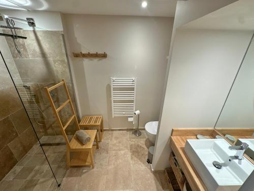 a bathroom with a shower and a sink and a toilet at Appartement à Collioure pour familles avec piscine et parking - FR-1-309-529 in Collioure