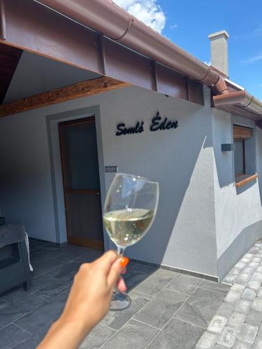 a person holding a glass of white wine at Somló Éden in Somlószőlős