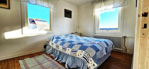 a bedroom with a bed and two windows at Large House with Two Apartments in Central Skarhamn in Skärhamn
