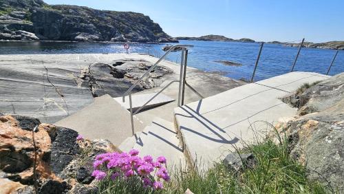a staircase with purple flowers next to a body of water at Spacious holiday home near Halleviksstrand, perfect for families in Ellös