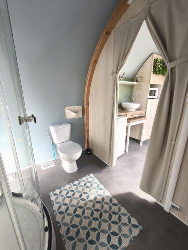 une salle de bain avec une douche, des toilettes et un lavabo dans l'établissement Du coté de chez Swann à 150 m de la plage, à Vias