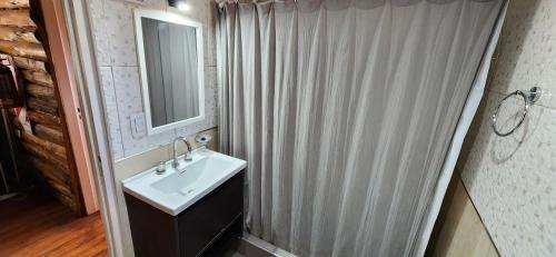 a bathroom with a sink and a shower curtain at Cabin by the Mendoza River in Potrerillos
