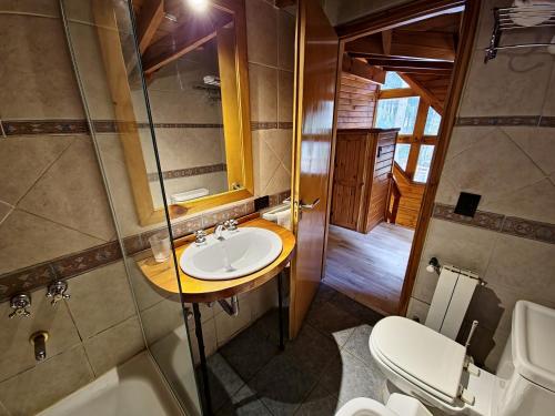 a bathroom with a sink and a toilet and a shower at El Remanso - Arrayan Cabin, Bahía Manzano in Villa La Angostura