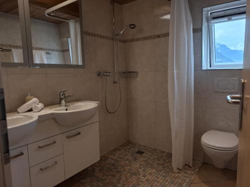 a bathroom with a sink and a shower and a toilet at Hotel & Restaurant Rössli in Seedorf