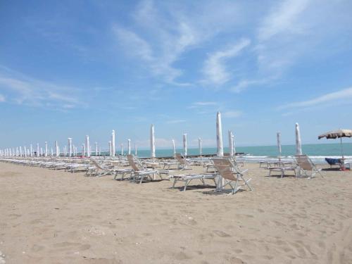 a row of chairs and umbrellas on a beach at Apartments Porto Santa Margherita 40282 in Porto Santa Margherita di Caorle