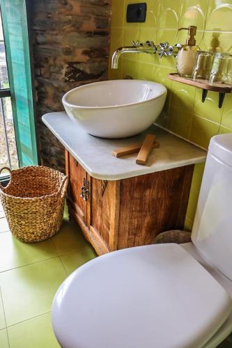 a bathroom with a bowl sink on a counter at Fogar de Lecer in Arzúa