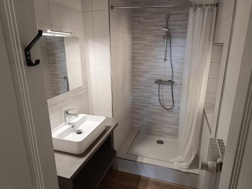 a white bathroom with a sink and a shower at Grande maison, jusqu’à 14 personnes, calme entre forêt et montagne - FR-1-744-47 in Hohrod