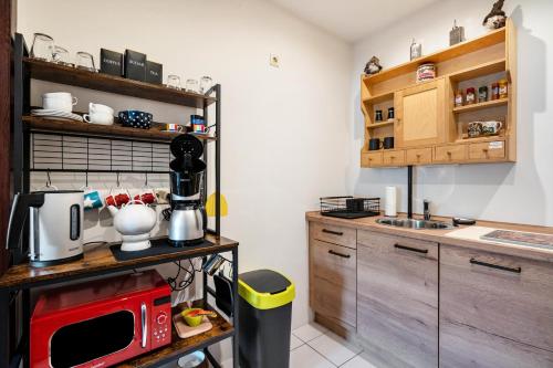 a kitchen with wooden cabinets and a red microwave at Gästewohnung Auszeit in Regis-Breitingen