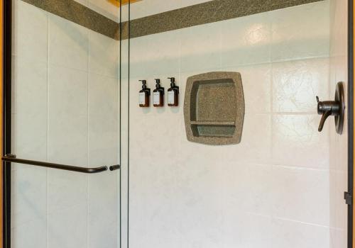 a shower with a glass door in a bathroom at Chic Designer Log Cabin Hot Tub Pool Tabledecks in McGaheysville