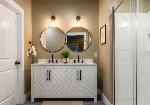 a bathroom with a sink and a mirror at Chic Designer Log Cabin Hot Tub Pool Tabledecks in McGaheysville