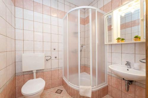a bathroom with a shower and a toilet and a sink at Studio in Starigrad-Paklenica 43596 in Starigrad-Paklenica