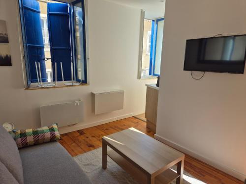 a living room with a couch and a tv on a wall at Studio Centre de Foix in Foix