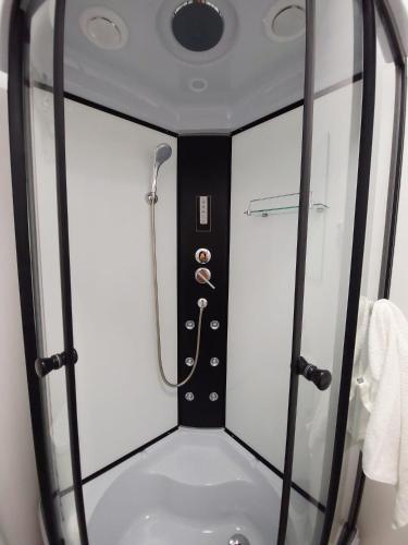 a shower with a glass door in a bathroom at Forest Inn in Izvorani