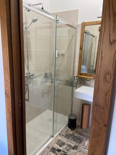 a glass shower in a bathroom with a sink at La Casa del Falegname in Ripatransone