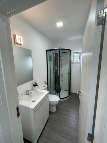 a bathroom with a toilet and a glass shower at Charming hill view retreat in Funchal