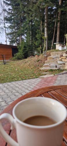 a cup of coffee sitting on top of a table at Babiogórskie Domki in Lipnica Wielka
