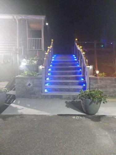 a set of stairs with blue lights in front of a house at 597b) Large 4 bedroom - Pool - Fire Pit in Wolcott