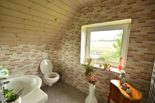 La salle de bains est pourvue de toilettes, d'un lavabo et d'une fenêtre. dans l'établissement Kardybvej 8, à Tastum