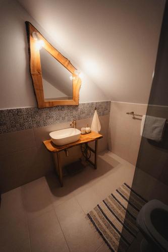 a bathroom with a sink and a mirror at La Marița in Grinţieş