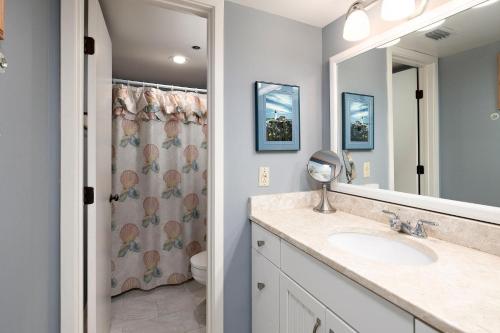 a bathroom with a sink and a mirror at Beach Club #118 in Saint Simons Island
