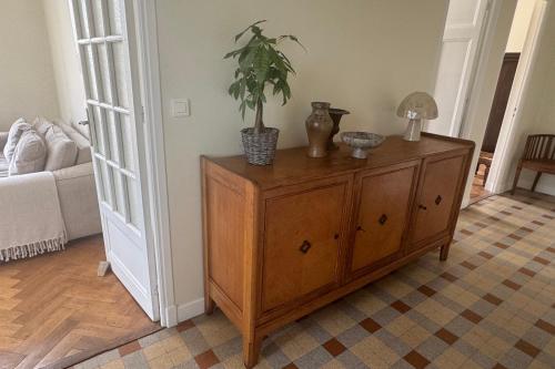 une armoire en bois avec une plante en pot dessus dans l'établissement Top Floor Central Steps from the sea, à Nice