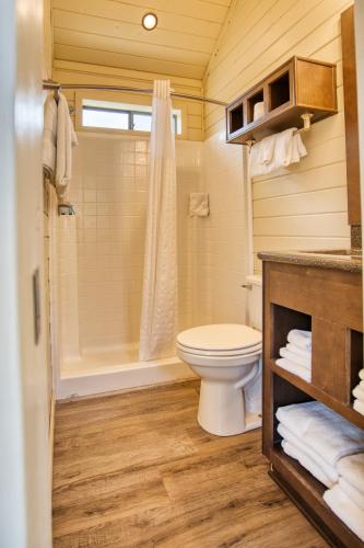 a bathroom with a toilet and a shower at Verde Ranch RV Resort in Camp Verde