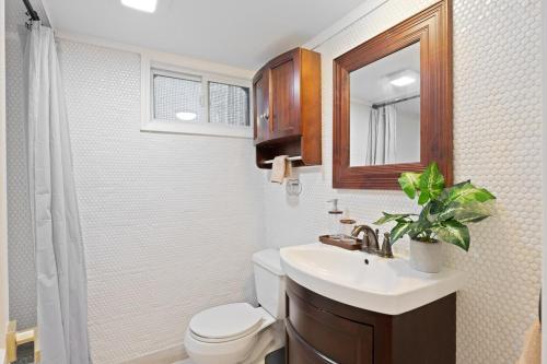a bathroom with a sink and a toilet and a mirror at 15m to NY Cozy Relaxing Home in Hackensack