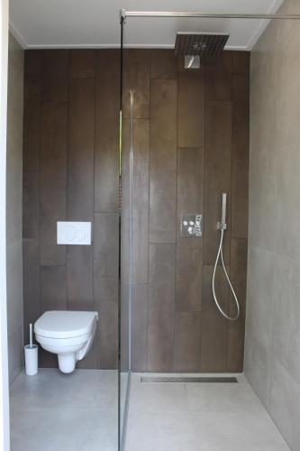 a bathroom with a toilet and a glass shower at De Strandloper Zeeland, Studio nabij strand 3km in Koudekerke