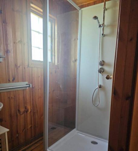 a shower with a glass door in a bathroom at Les Petites Cabanes de Machiel in Machiel
