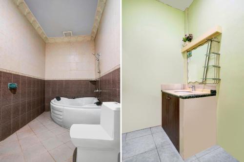 two pictures of a bathroom with a toilet and a sink at Dancenter S Hotel in Tanjunguma