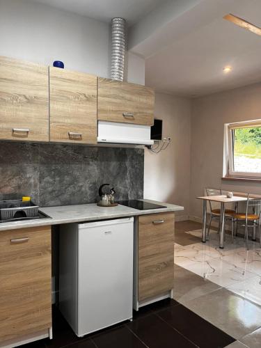 a kitchen with wooden cabinets and a white dishwasher at TARNICA in Dwernik