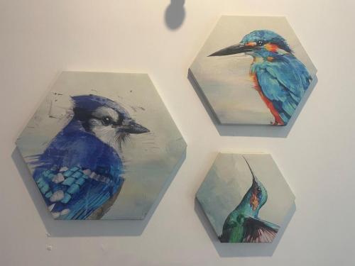 four paintings of a blue bird on a wall at The Jungle Retreat by Jabula Getaways in Dehradun