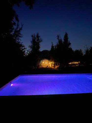 a swimming pool with purple lighting at night at Glamping III Domo 7 Tazas con Tinaja in Molina