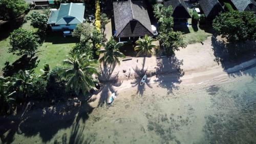 an aerial view of a beach with palm trees and a house at Happy T Beach House in Haapiti